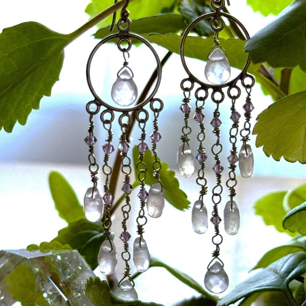 Sterling Silver, Rose Quartz and Swarovski Crystal Chandelier Earrings, New